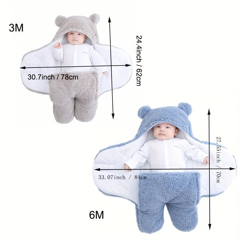Baby wrapped in a swaddle taking measurement with a teddy bear on a white background