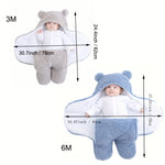 Baby wrapped in a swaddle taking measurement with a teddy bear on a white background