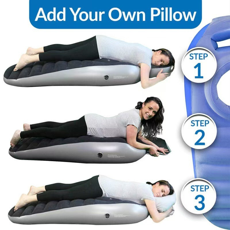 Inflatable pillow with steps to use it, featuring a woman lying on it.