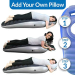 Inflatable pillow with steps to use it, featuring a woman lying on it.