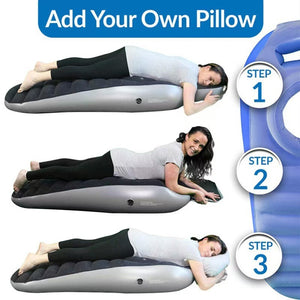 Inflatable pillow with steps to use it, featuring a woman lying on it.