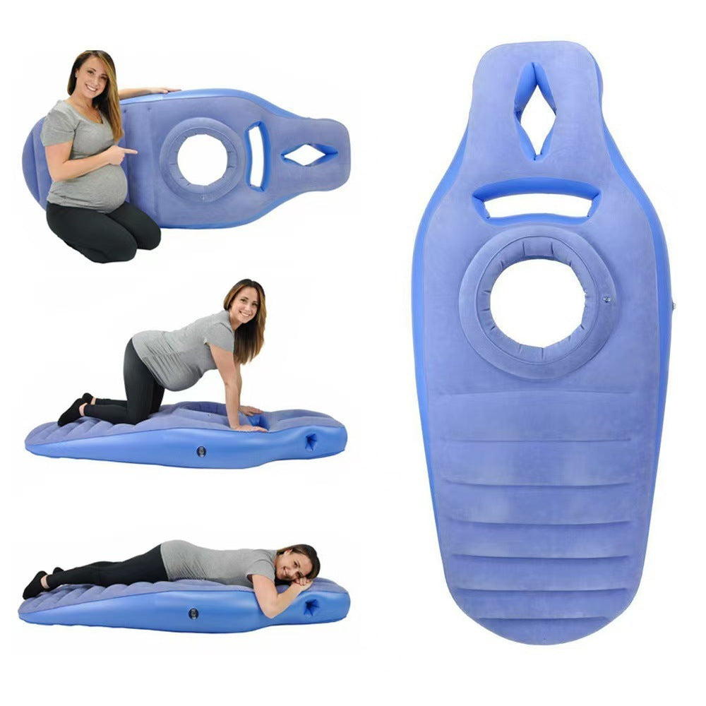 Blue inflatable mat with a central circular hole, shown in various poses on a white background.