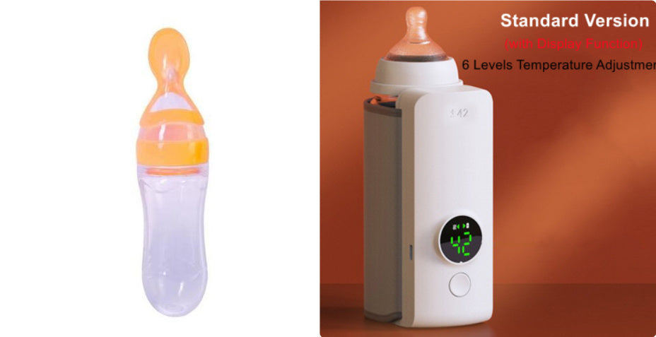 Baby bottle with temperature control device on an orange background