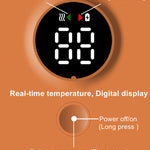 Digital temperature controller with red and green lights and a digital display on an orange background.