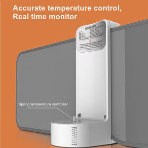 Temperature control device with text on an orange background