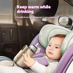 Child in a car seat with a bottle holder, text about keeping warm while drinking.