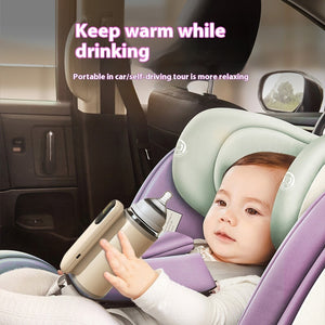 Child in a car seat with a bottle holder, text about keeping warm while drinking.
