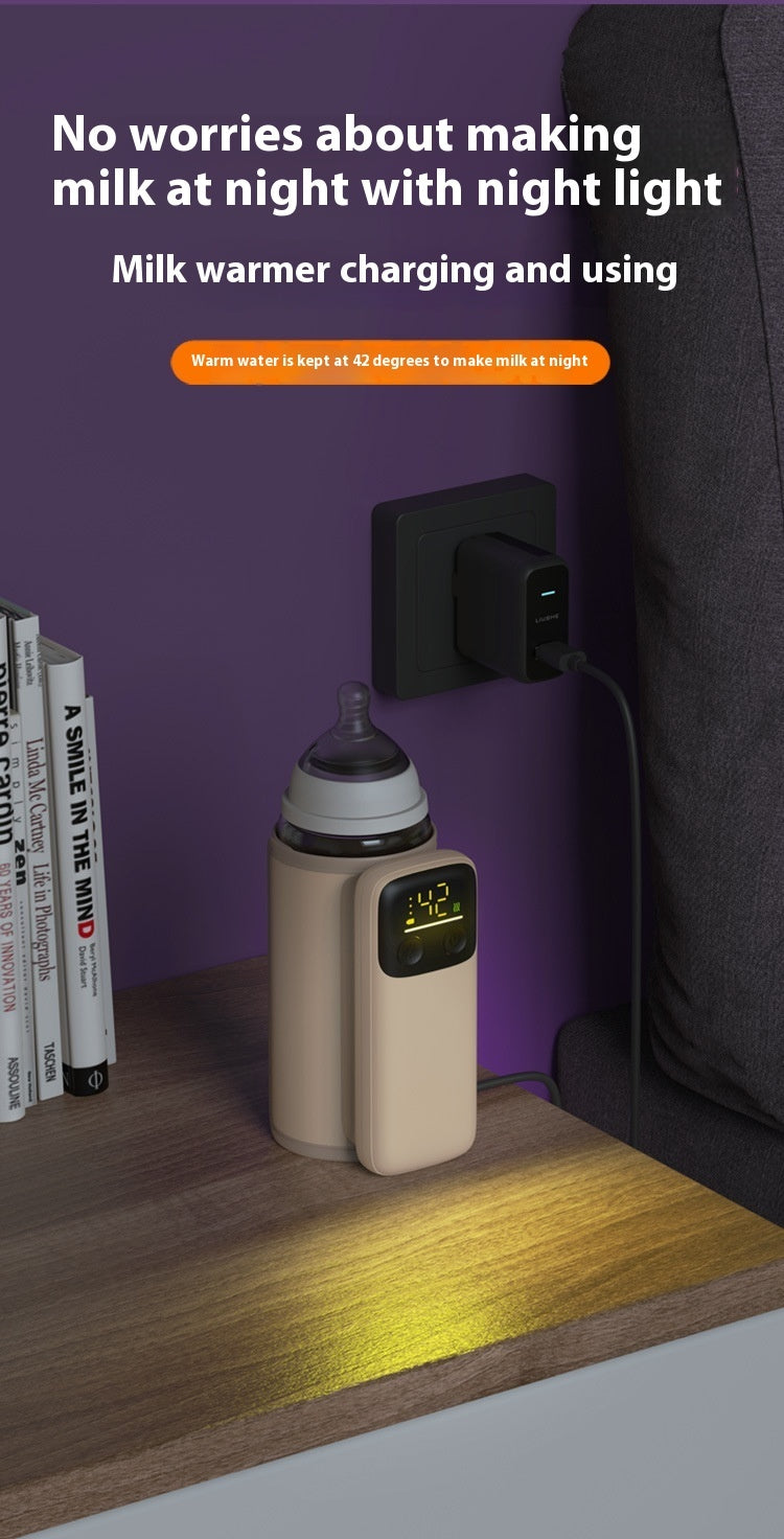 Milk warmer with night light on a shelf next to books, with a purple wall in the background.