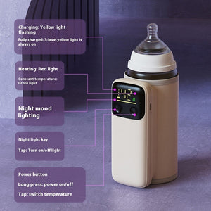 Baby bottle warmer with digital display and control panel on a purple background
