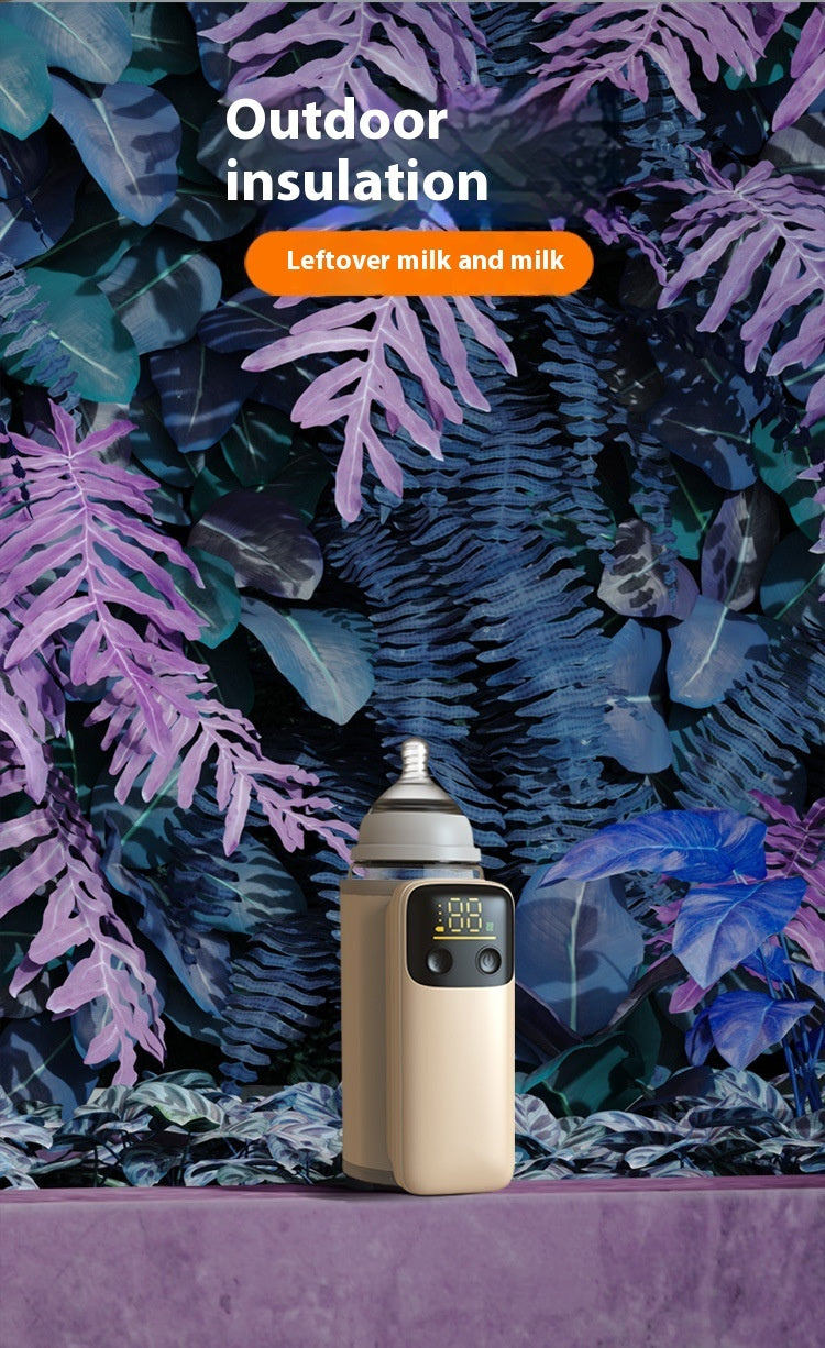 Bottle with digital display on a colorful leafy background with text 'Outdoor insulation' and 'Leftover milk and milk'.