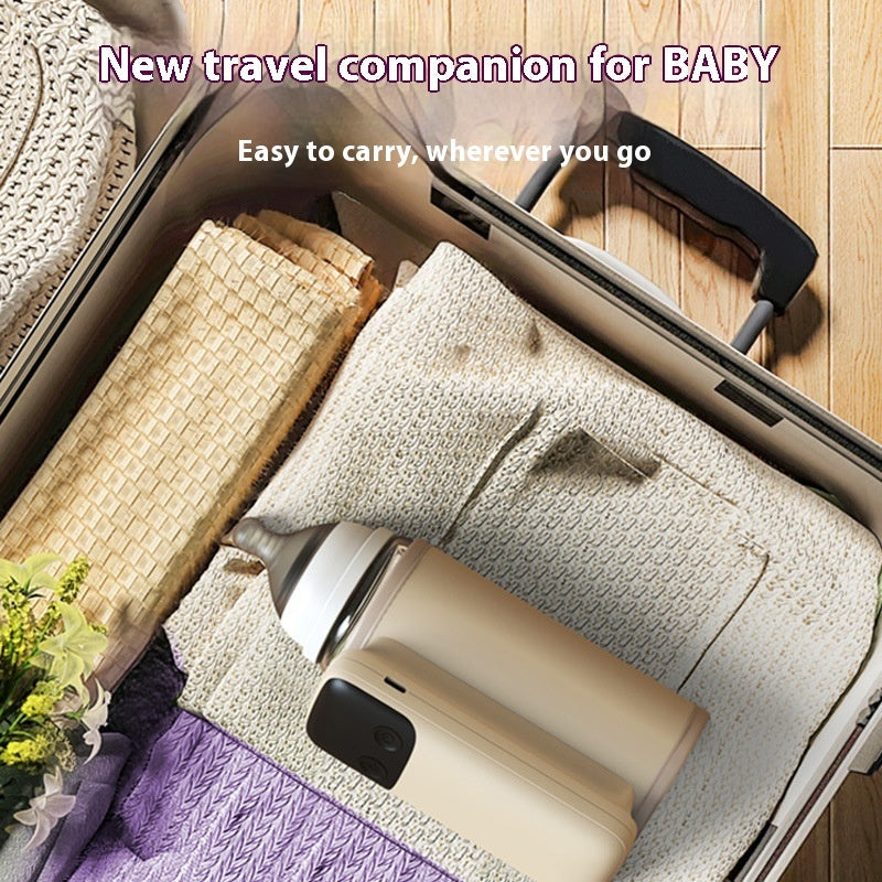 Travel companion for baby with bottle and blanket in suitcase on wooden floor