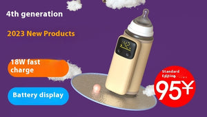 Beverage warmer with digital display on a purple background, labeled as 4th generation 2023 new product with charging and price information.