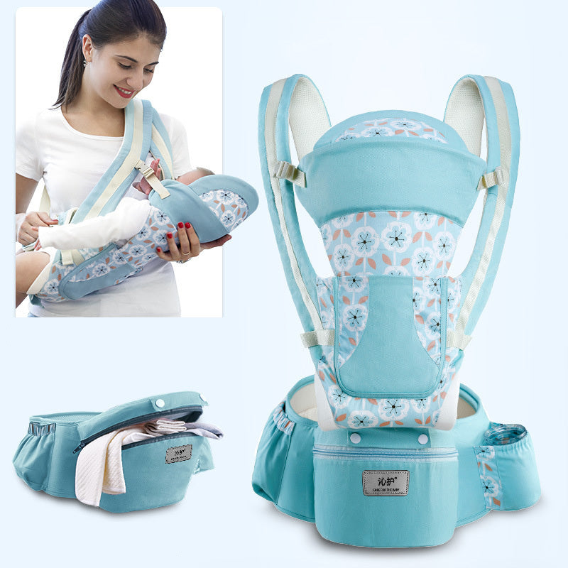 Blue baby carrier with floral pattern, shown with a woman holding a baby.