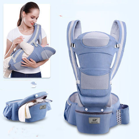 Baby carrier with a woman holding a baby, showing different angles of the carrier.