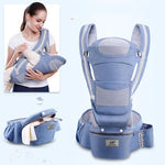 Baby carrier with a woman holding a baby, showing different angles of the carrier.