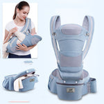 Baby carrier with a woman using it and the product on a light blue background