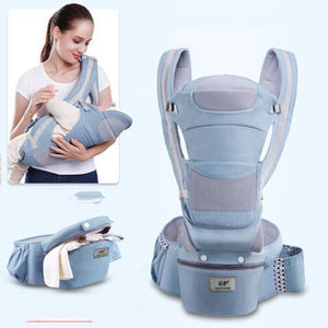 Baby carrier with a woman using it and the product on a light blue background