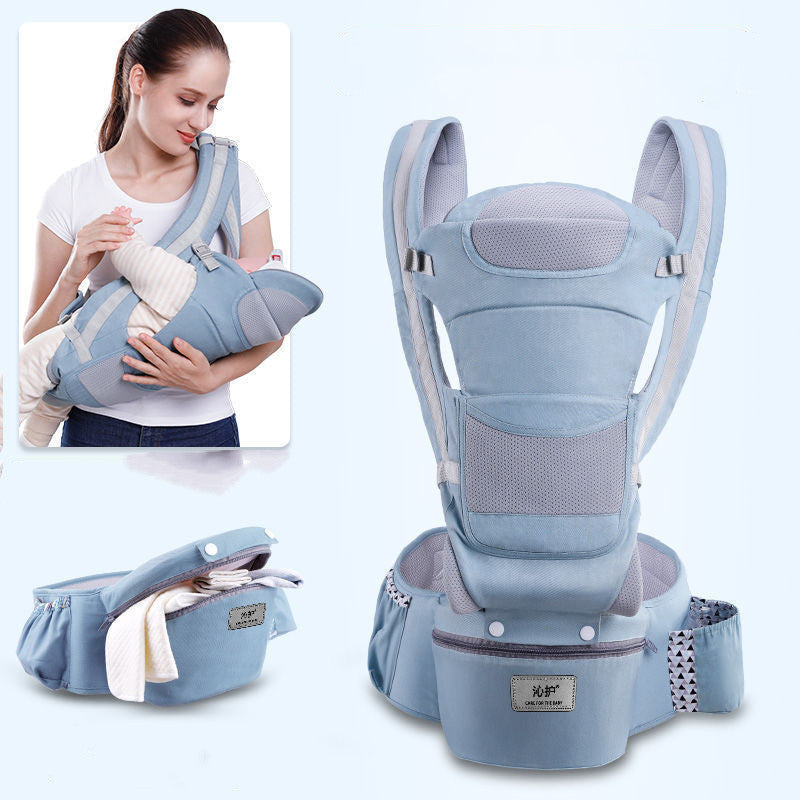 Baby carrier with a woman holding a baby, on a light blue background