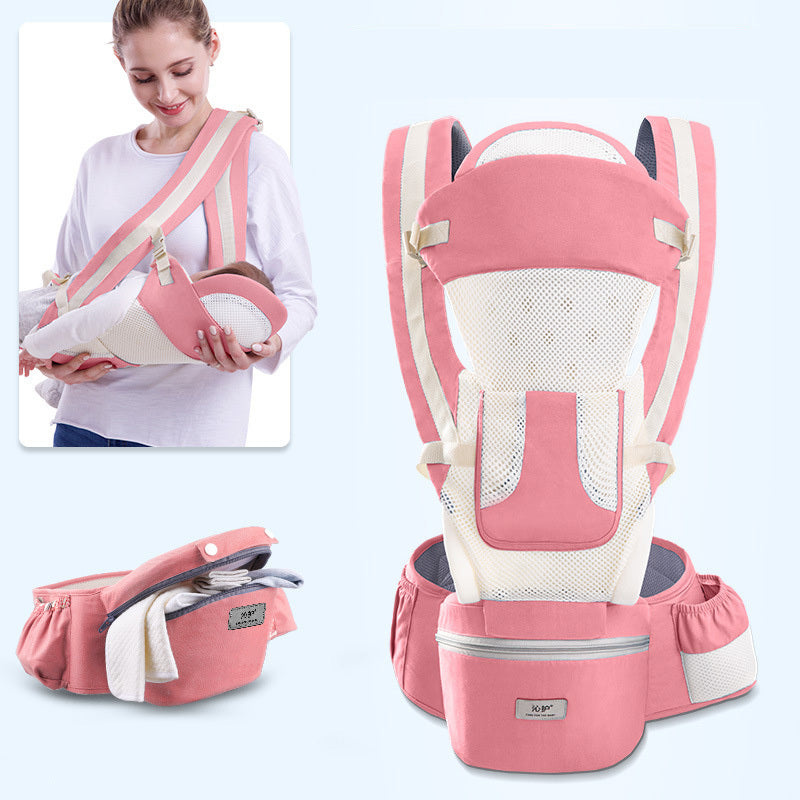 Pink baby carrier with a woman holding a baby, on a light blue background