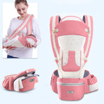Pink baby carrier with a woman holding a baby, on a light blue background