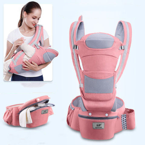 Pink baby carrier with gray accents on a white background, featuring a woman using it.