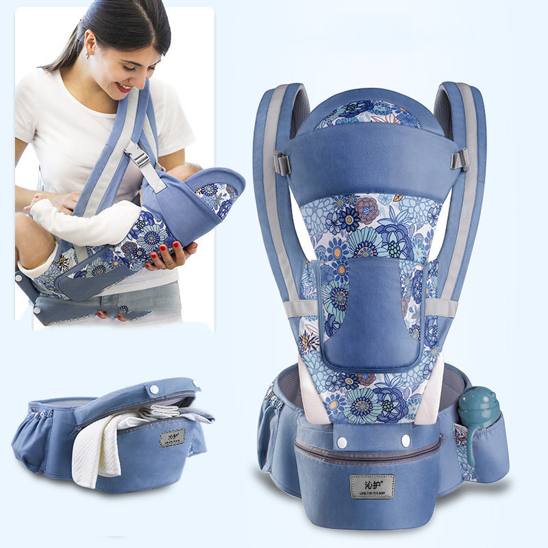 Blue baby carrier with floral pattern on a white background