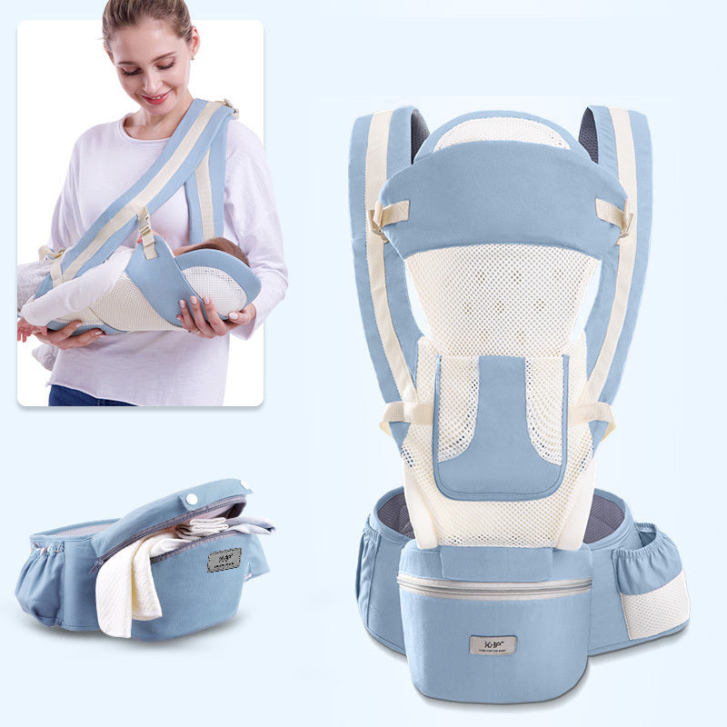 Blue baby carrier with straps and a small inset showing a person using it.