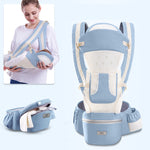 Blue baby carrier with straps and a small inset showing a person using it.