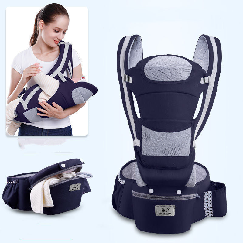 Baby carrier with a woman holding a baby, showing different angles of the product.