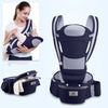 Baby carrier with a woman holding a baby, showing different angles of the product.