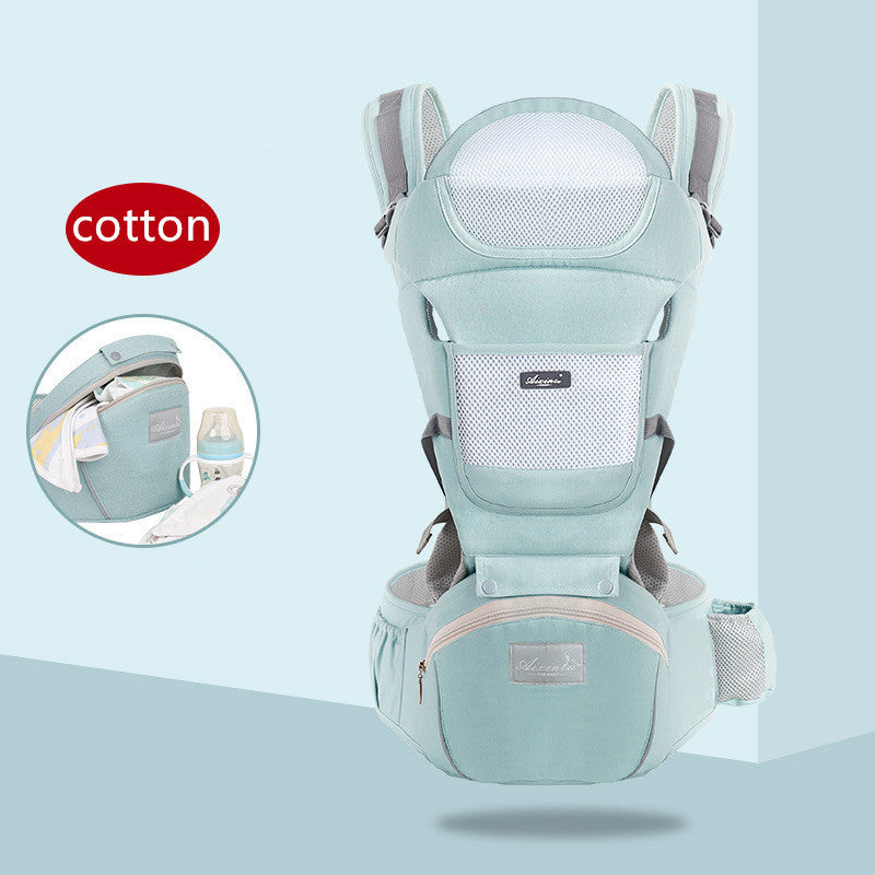 Baby carrier with 'cotton' label on a light blue background