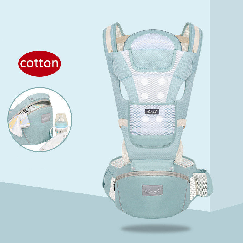Baby carrier with 'cotton' label on a light blue background