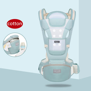 Baby carrier with 'cotton' label on a light blue background