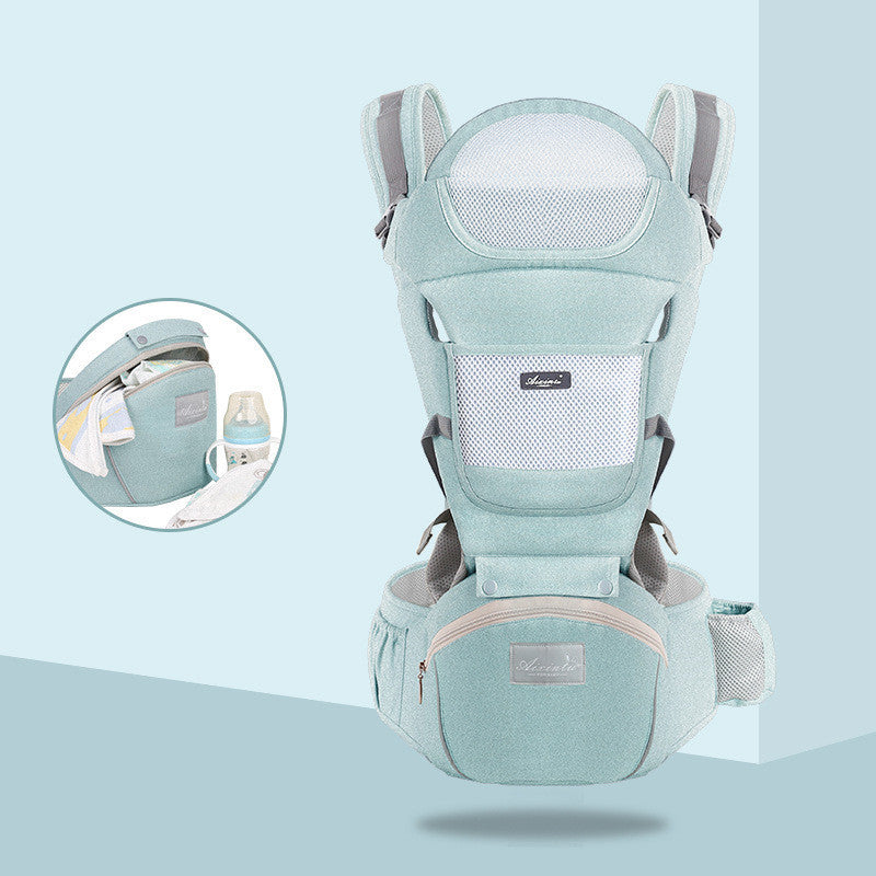 Light blue baby carrier with brand logo on a light blue background