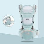Light blue baby carrier with brand logo on a light blue background