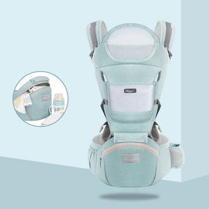 Light blue baby carrier with brand logo on a light blue background