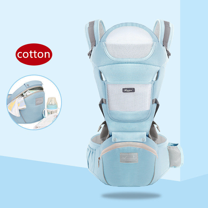 Baby carrier with 'cotton' label on a light blue background
