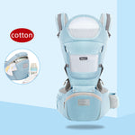 Baby carrier with 'cotton' label on a light blue background
