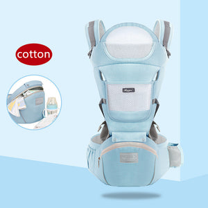 Baby carrier with 'cotton' label on a light blue background