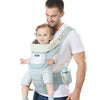 Man carrying a baby in a light blue baby carrier on a white background