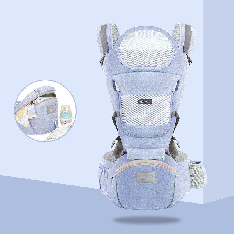 Baby carrier with a close-up inset on a light blue background