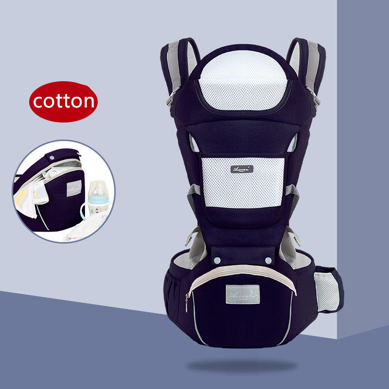 Baby carrier with a close-up inset on a light blue background, featuring the brand 'cotton'.