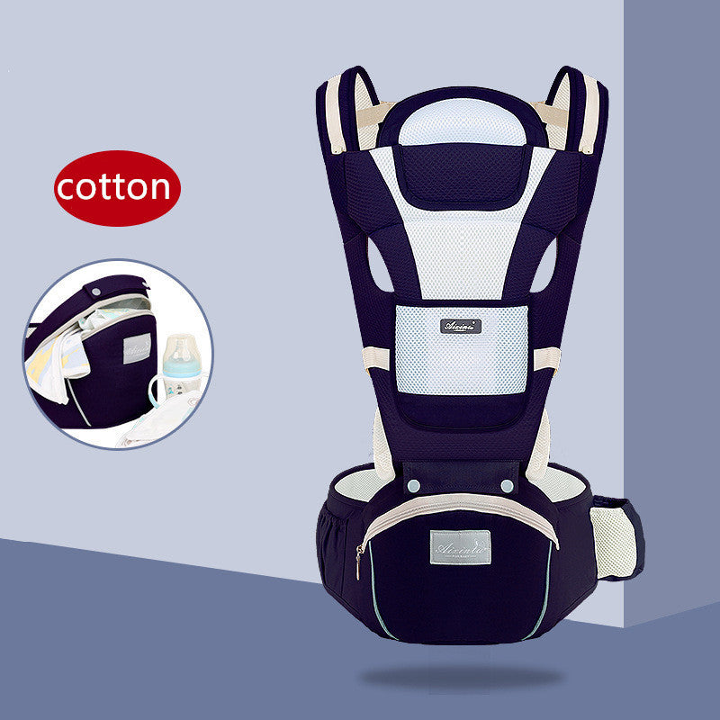Baby carrier with cotton label on a light blue background