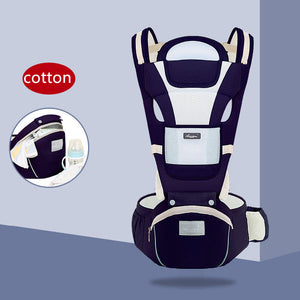 Baby carrier with cotton label on a light blue background