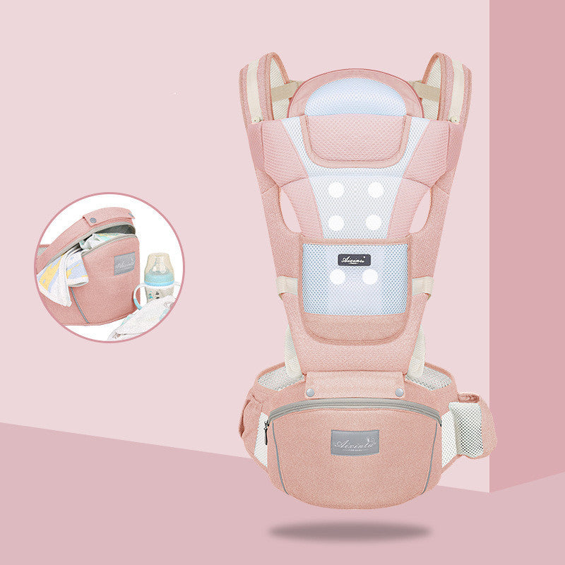 Pink baby carrier with a close-up inset on a pink background