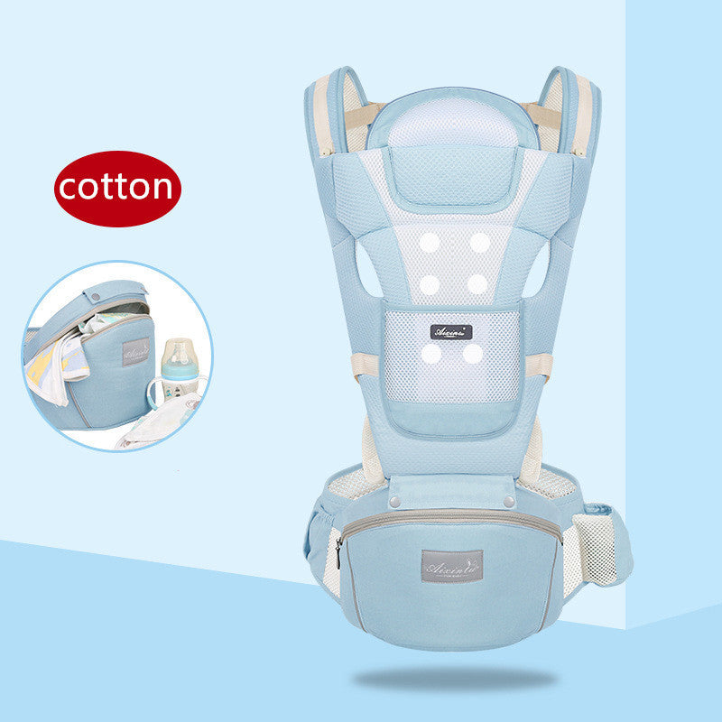 Baby carrier with 'cotton' label on a light blue background