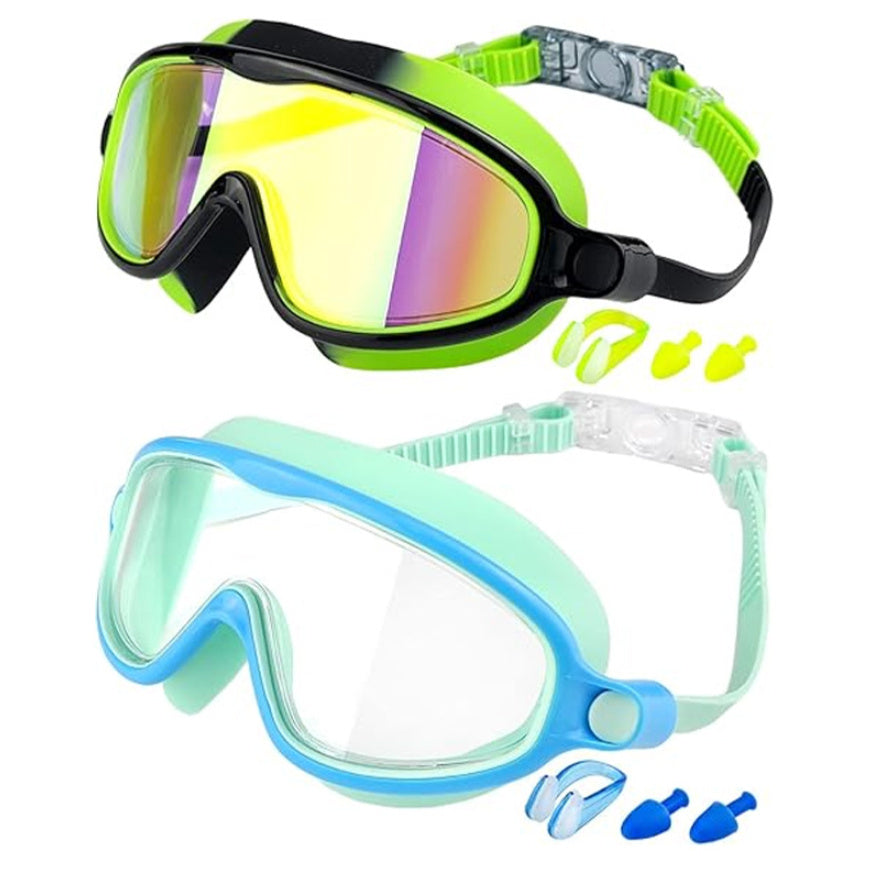 Two pairs of swim goggles with additional accessories on a white background