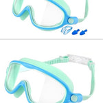 Two pairs of blue and green swim goggles with earplugs on a white background.