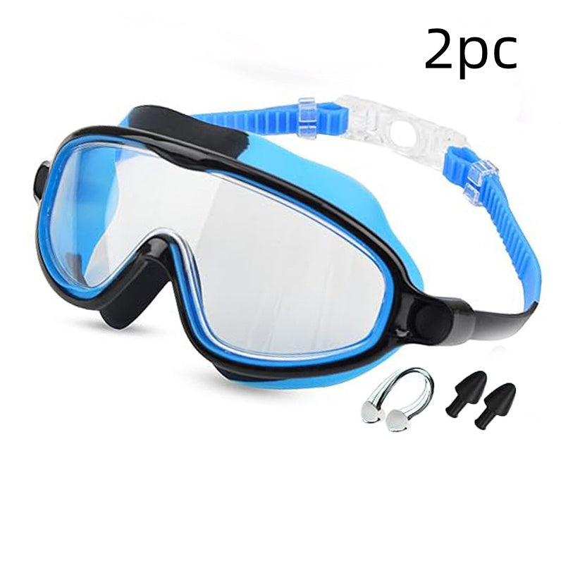 Blue and black diving mask with accessories on a white background
