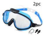 Blue and black diving mask with accessories on a white background